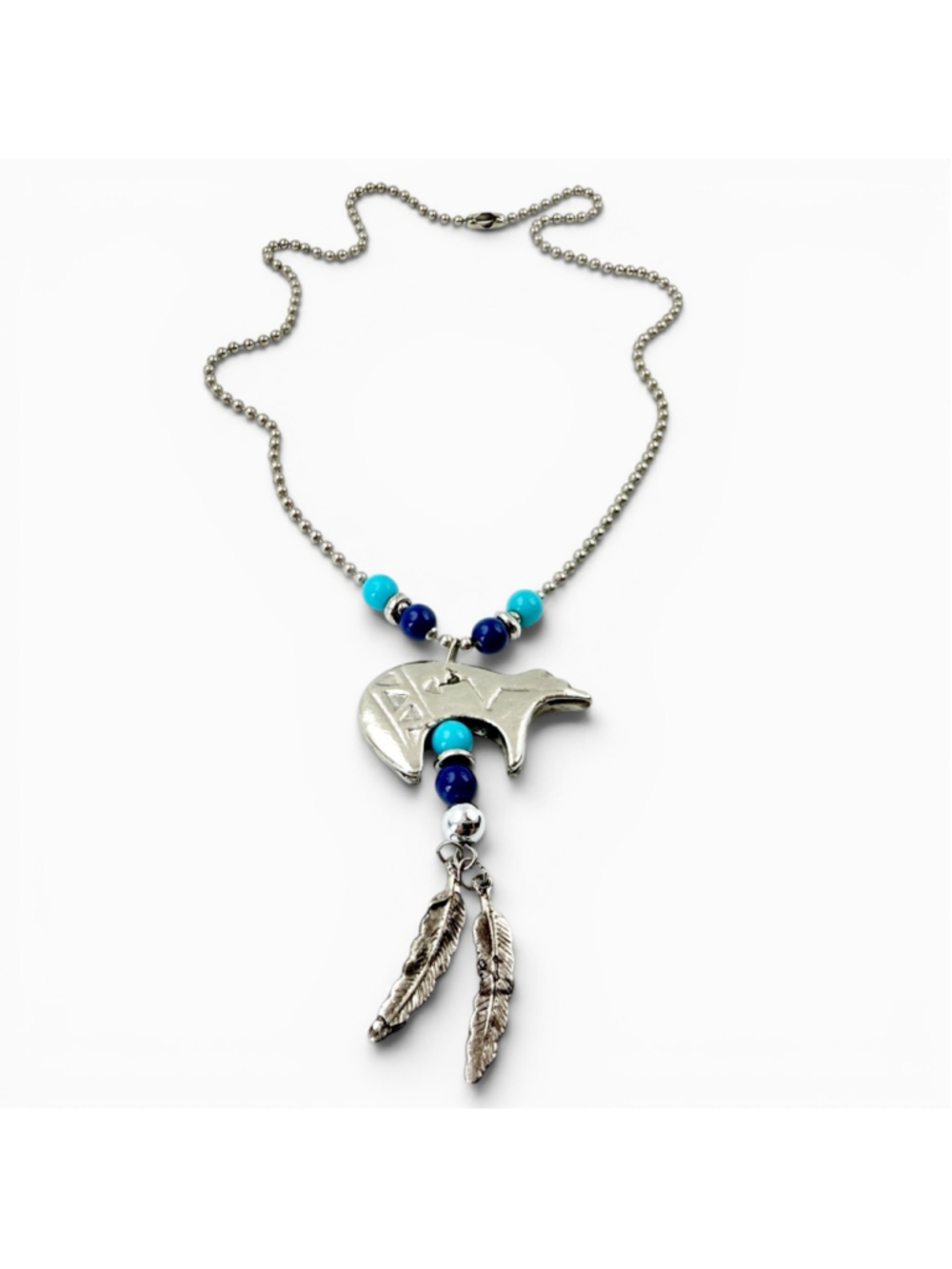 Vintage Southwestern style bear pendant necklace featuring turquoise blue beads